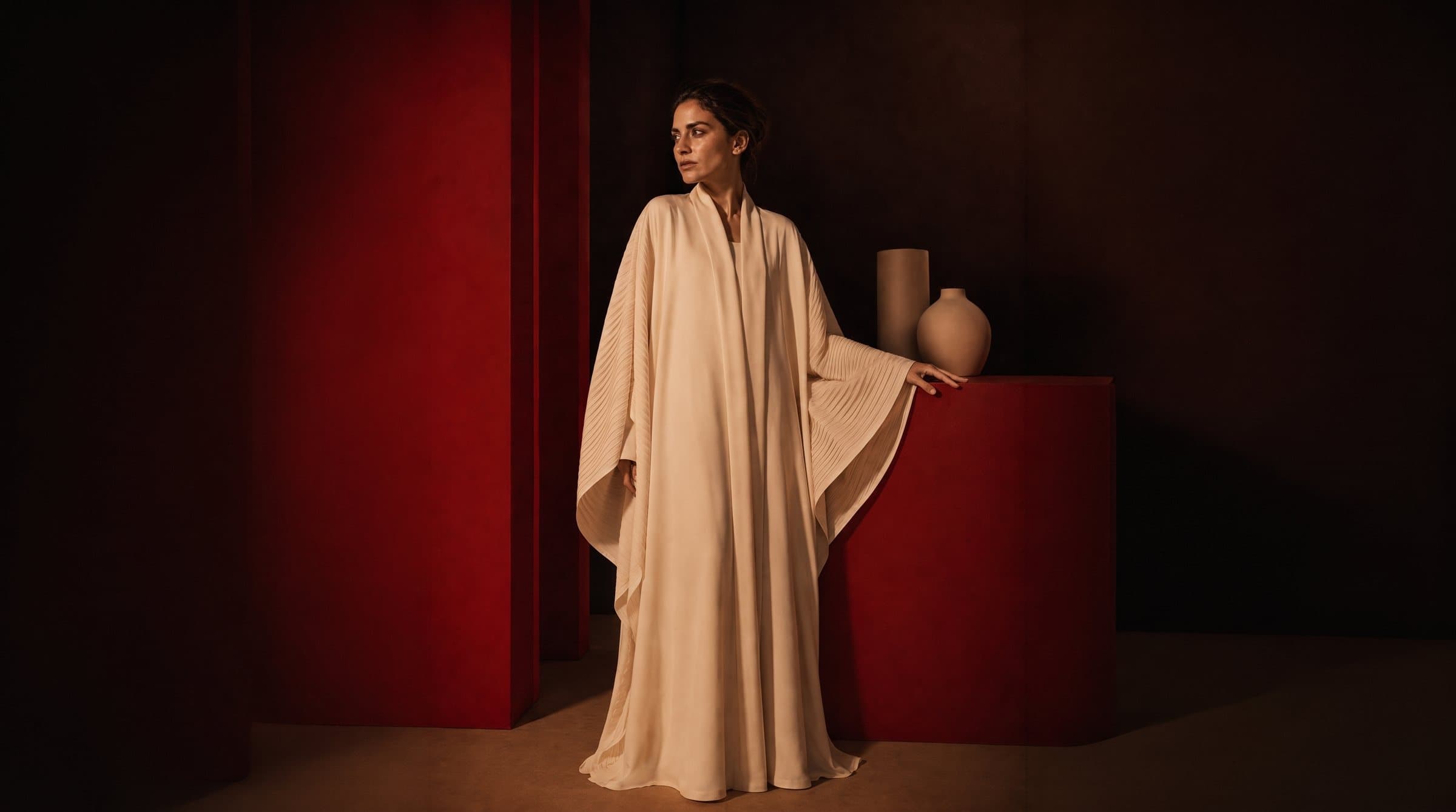 Rawda Autumn/Winter 2024 campaign — a cream pleated abaya against oxblood architecture